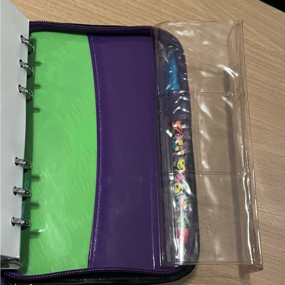 Vintage Y2K Lisa Frank Rainbow Smiley Face Zip Planner Agenda Stickers Pouch Pen